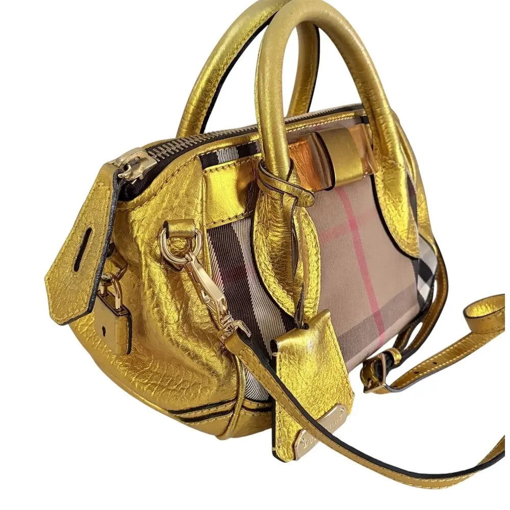 Burberry Prorsum Metallic Gold House Check Leather Bowling Bag w/ Lock & Key COA